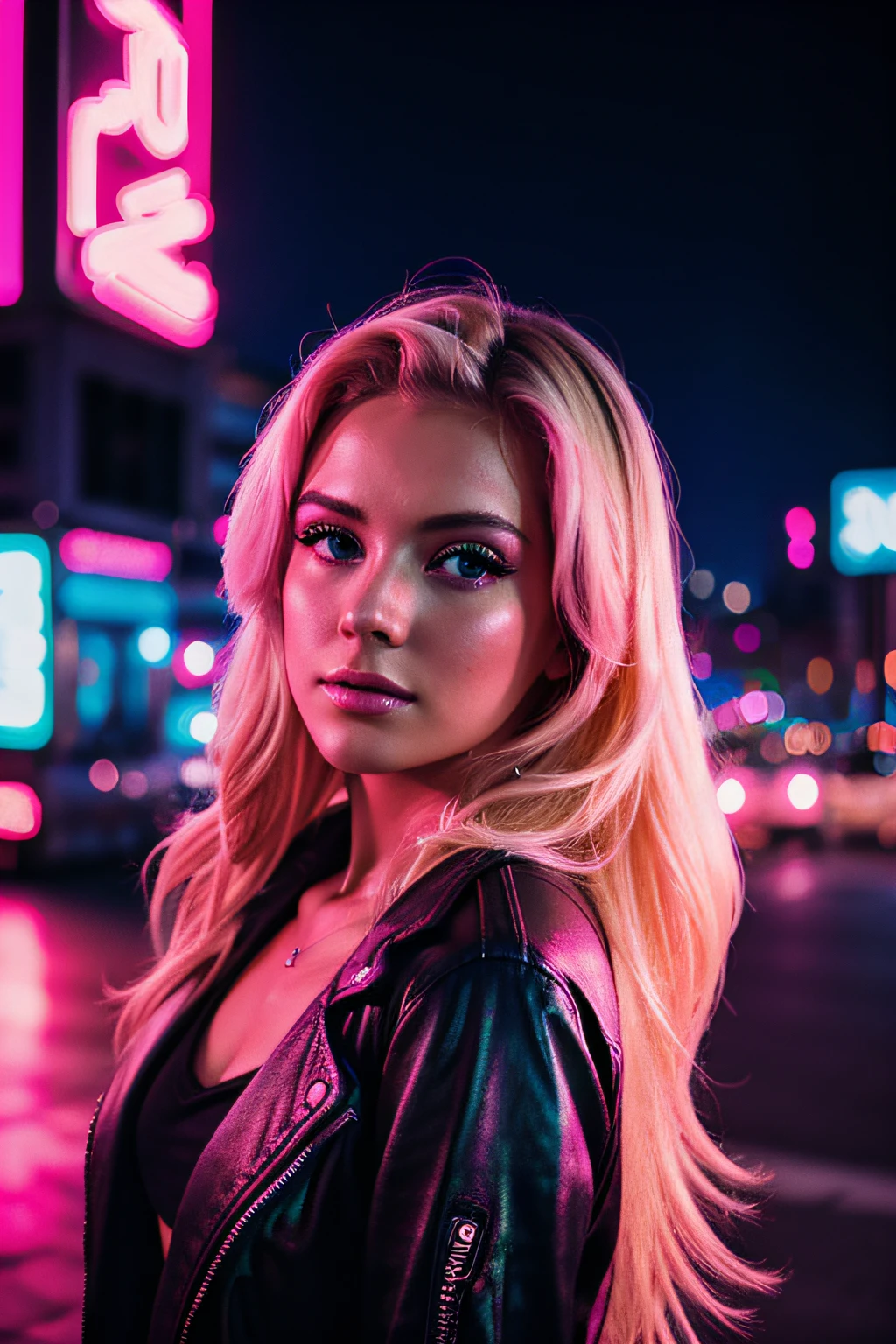 A blonde synthwave girl, shot by canon EOS 5D, synthwave city, retrowave, neon