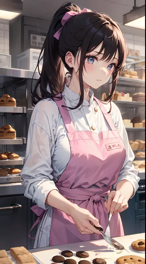 Girl with dream of becoming a pastry chef。She wears a pink apron and a white shirt.、Her hair is in a brown ponytail。Although she...