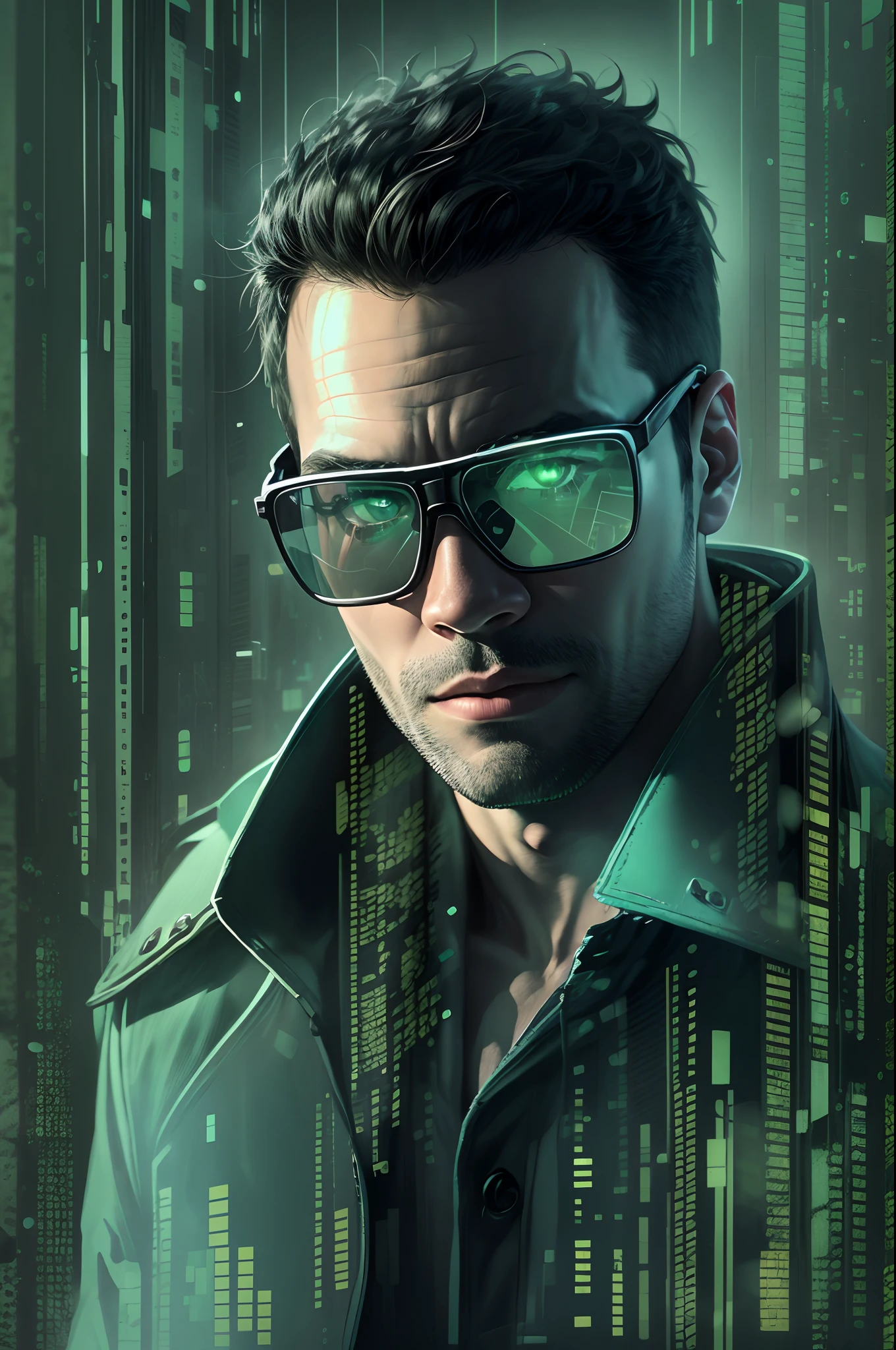 Generate a half-body portrait of a man wearing sunglasses, vestido com um trench casaco de couro que lembra os personagens de 'Matrix', contra um pano de fundo de letras verdes fluorescentes em cascata, no estilo do filme. Pay meticulous attention to (((detalhes intrincados))) like sunglasses, casaco, e a textura das letras em cascata. Ambicione ((extrema qualidade de detalhes)) to capture the essence of the 'Matrix' aesthetic. crie um ((Complex composition)) which conveys the film's iconic cyberpunk atmosphere.