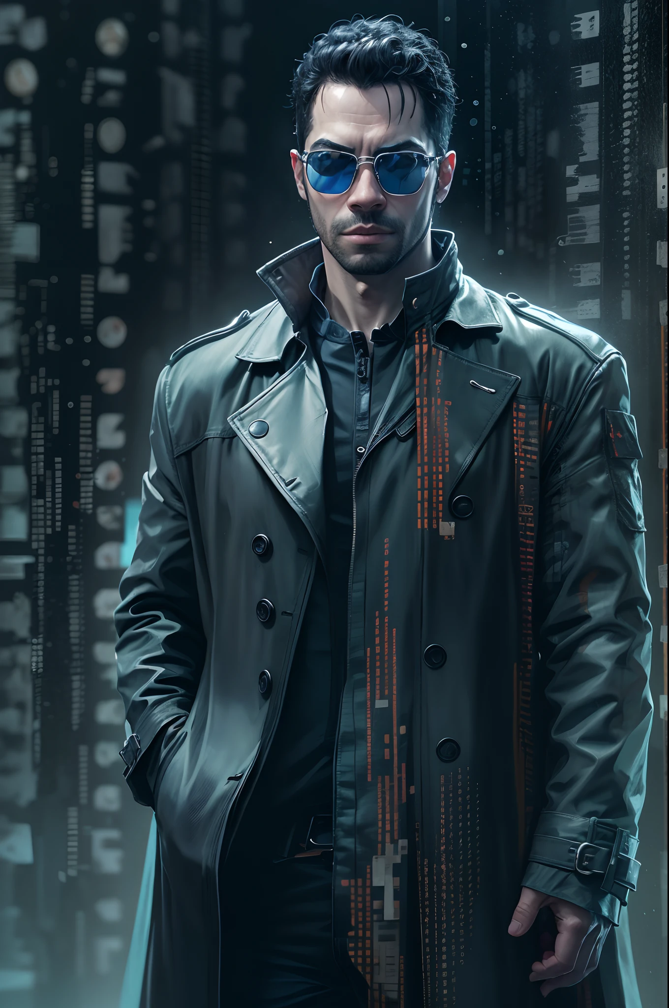 Generate a half-body portrait of a man wearing sunglasses, vestido com um trench casaco de couro que lembra os personagens de 'Matrix', contra um pano de fundo de letras verdes fluorescentes em cascata, no estilo do filme. Pay meticulous attention to (((detalhes intrincados))) like sunglasses, casaco, e a textura das letras em cascata. Ambicione ((extrema qualidade de detalhes)) to capture the essence of the 'Matrix' aesthetic. crie um ((Complex composition)) which conveys the film's iconic cyberpunk atmosphere.