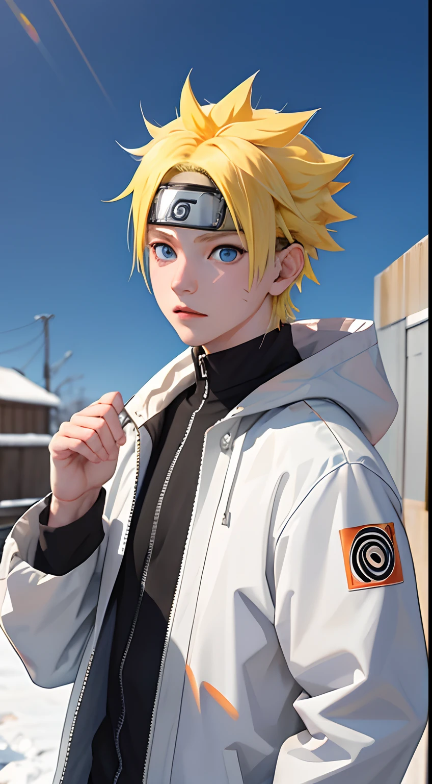 chef-d&#39;œuvre, Style superbe, Chothes d’hiver, Extérieur, Haut du corps, Uzumaki Naruto, yeux bleus, cheveux jaunes courts,un garçon