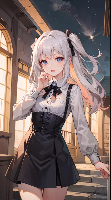 Super beautiful illustration、小柄、kawaii girl、complex、finely eye、Realistic skin texture、Outstanding looks、小柄、adolable、Smooth hair、Cute gesture、Mocking Pose、doress、long-sleeve、With collar、Long length skirt、corsets、Cute socks、cowboy  shot、outside of house、Beau...