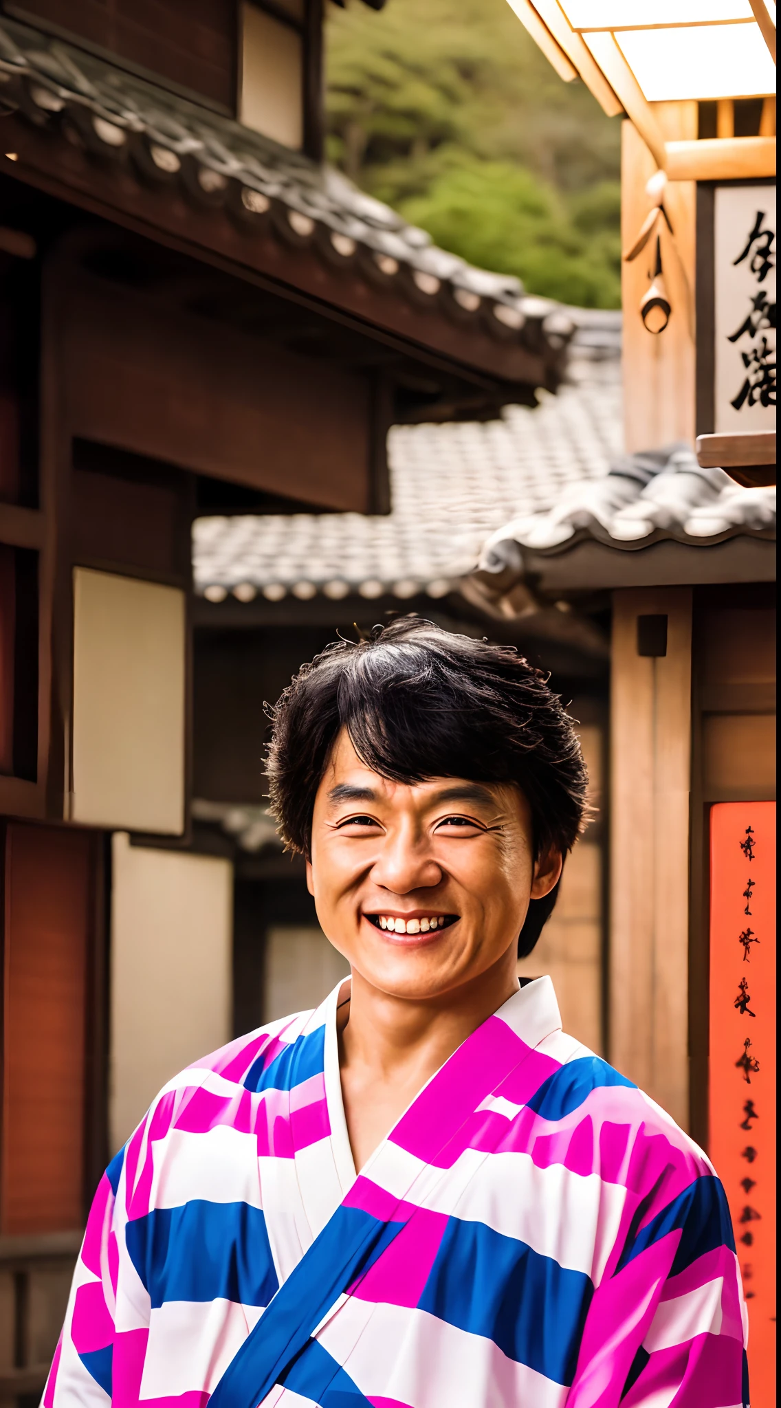 Realistic photo of jchan man in colorful yukata, Wild hairstyle、Smiling, At a hot spring ryokan in Japan, a dark night, mid night, Bokek Light, drama, surreal, Unripe, 8K, UHD, ​masterpiece, A detailed face, perfect  eyes,hight resolution、high-level image quality、Photorealsitic