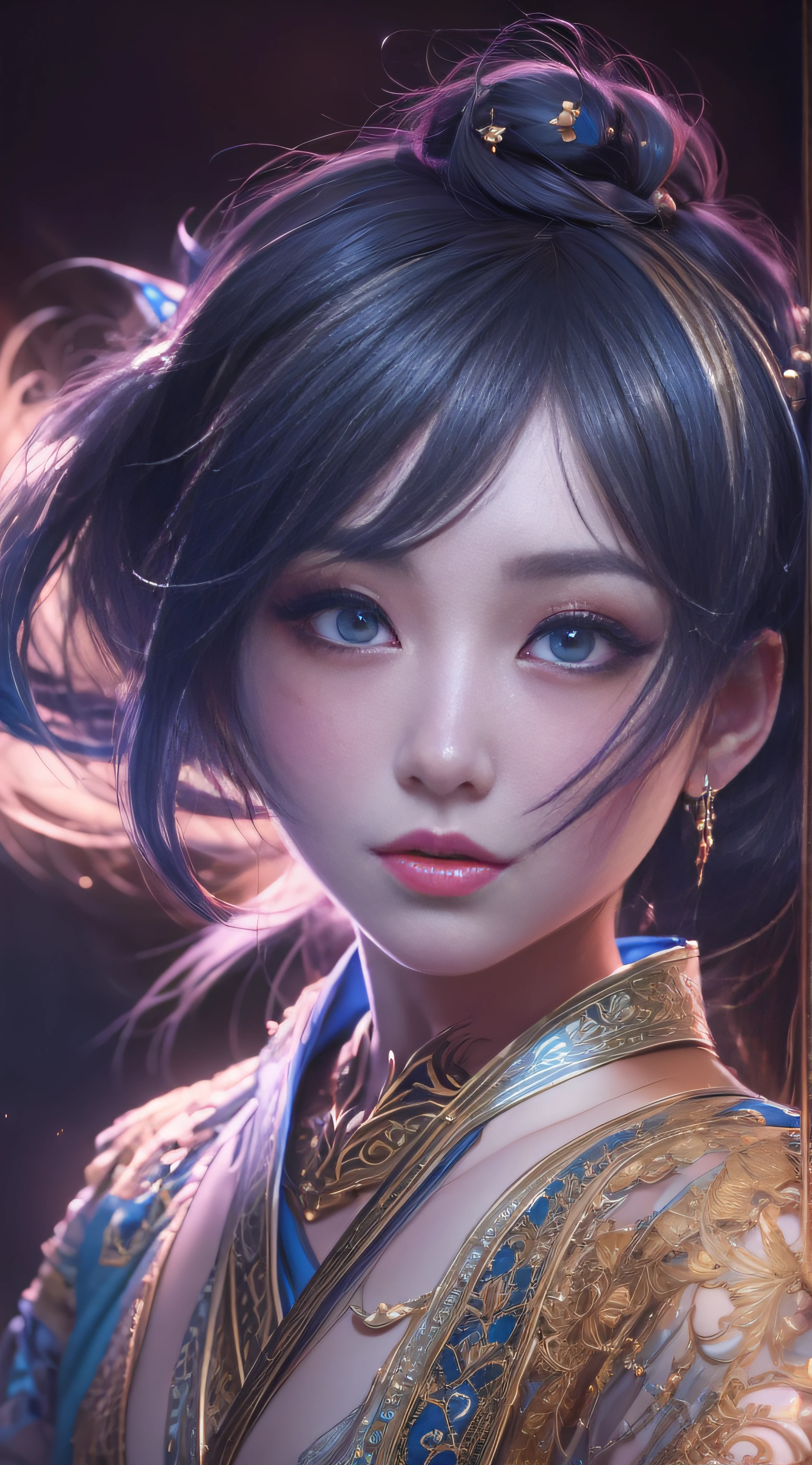 Una linda chica coreana de ojos grandes, cara delgada y pequeña, piel muy brillante y resplandeciente, mirando al espectador, calidad de mal humor oscuro, Arte De Fantasía, arte digital, líneas y texturas delicadas, Arte realista y rico, Arte de los motivos imaginativos, muslos, dos colas, guantes, gomas para el pelo, falda, adorno para el pelo, pelo largo, pelo azul, blue eyes, boca abierta, pelo negro, ropa japonesa, allanamiento, criaturas magicas, paisajes fantásticos, surrealism, cinematográfico, sombras ásperas, colores vívidos, Colores ricos, Luz y sombra, Iluminación tridimensional, Combinación de varios colores y tonos, Un arte vivo y profundo, iluminación de volumen, retroiluminación del cabello, Luz de película, iluminación dinámica, buena anatomia, mismo maquillaje para ambos ojos, Los ojos son simetría bilateral., proporciones corporales perfectas, detalles intrincados, muy detalles