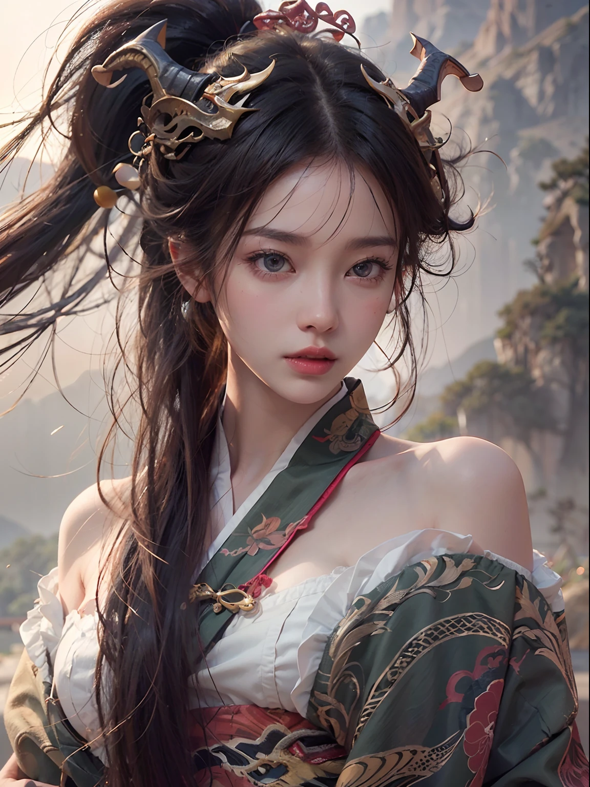 nsfw, 1girl, nude, (masterpiece: 1.4), (8K, realistic, raw photo, best quality: 1.4), skirtlift, standing on mountain top, nipple areola shape clear, beautiful breasts, Chinese girl, beautiful cute face, (real face: 1.4), perfect pussy, beautiful hairstyle, realistic brown eyes, beautiful detail eyes, (real skin: 1.3), beautiful skin, attractive, ultra high resolution, ultra realistic, cinematic lighting, black colored hair, long hair, twin ponytails, white ribbons, ancient China, Chinese mythology, dragon
