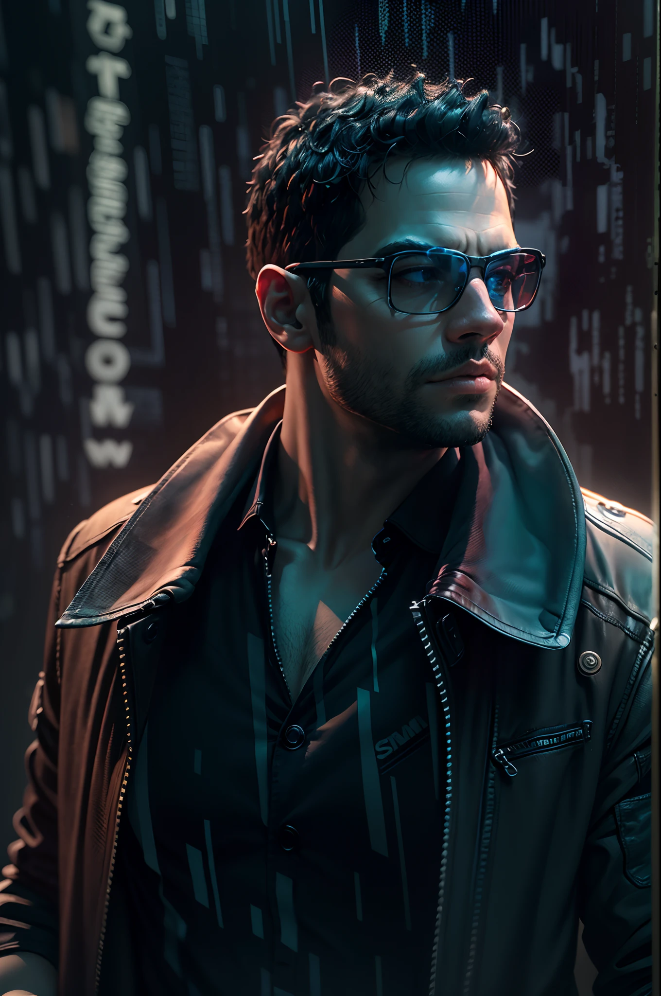 ((32k ALTO DETALLE RENDER 3D UHD)), Generar un retrato de medio cuerpo de un hombre con gafas de sol, vestido com um trench abrigo de couro que lembra os personagens de 'Matrix', con un telón de fondo de letras verdes fluorescentes en cascada, Al estilo de la película. Preste atención meticulosa a (((detalles intrincados))) como gafas de sol, abrigo, y la textura de las letras en cascada. Ambicione ((Calidad extrema de detalle)) para capturar la esencia de la estética de 'Matrix'. crear un ((composición compleja)) que transmite la icónica atmósfera cyberpunk de la película, estilo sigma +Objetivo F de 85 m/4