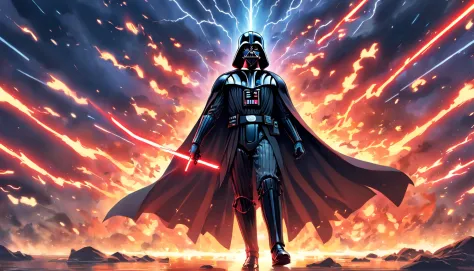 Darth Vader, surrounded by flames and lightning with thunder, segurando um sabre de luz vermelho