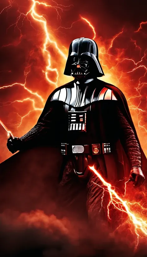 Darth Vader, surrounded by flames and lightning with thunder, segurando ...