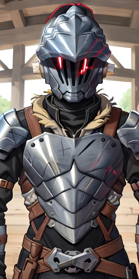 1man, goblin slayer, armor, standing, center, upper body, manly, close-up, facing front