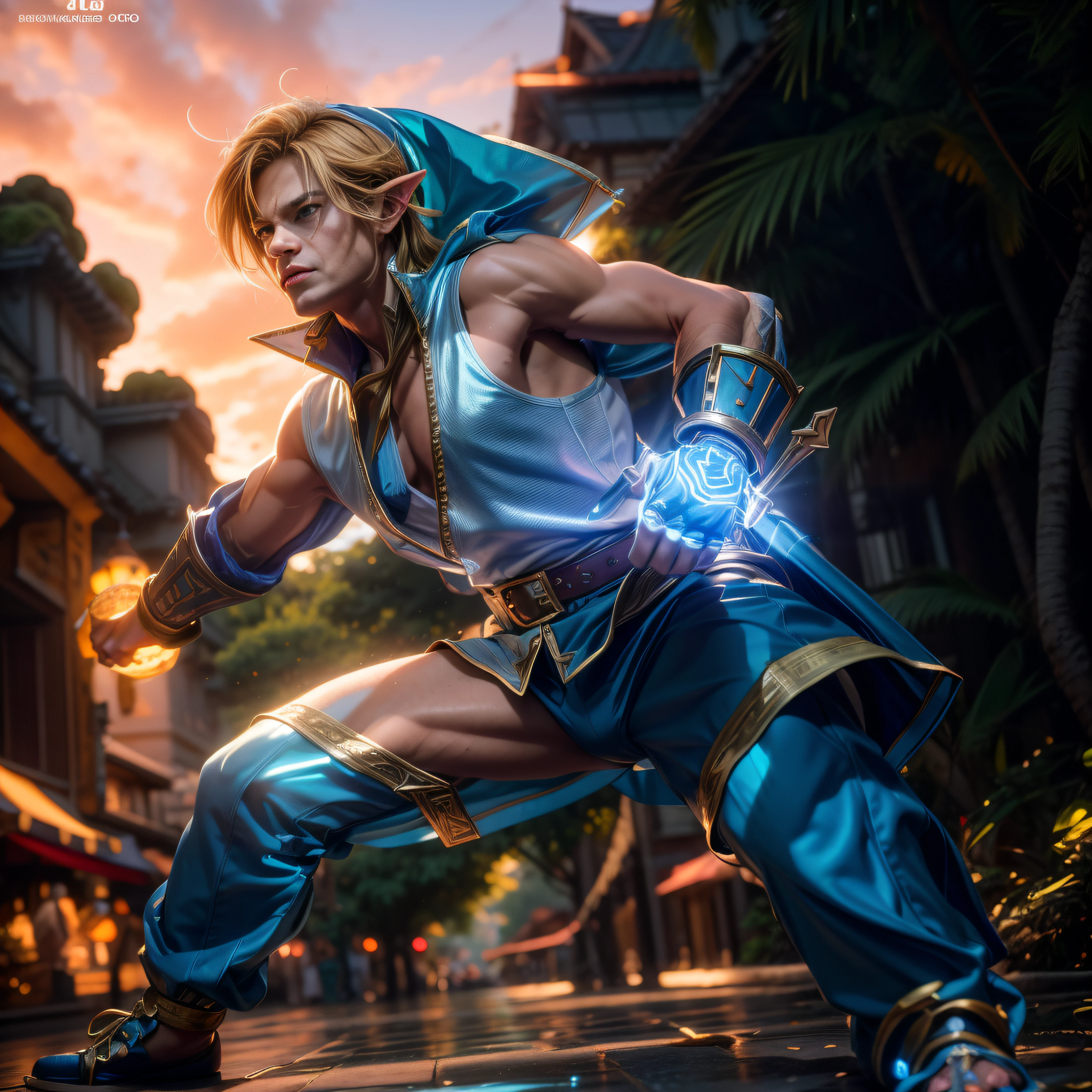 Link de the legend of zelda em roupa azul e bege segurando em poses de combate como em street fighter, Zelda, Retrato de Zelda, de lenda de Zelda, Link da lenda de Zelda, link do Zelda, Fotos cosplay, cosplay ornamentado, cosplay profissional, cosplay, cosplay Completo, Artgerm Moody Fotografia, Campos Hyrule, traçado por raio, Renderização 3D, extremanente detalhado, alta qualidade, Luz e sombra realistas, cabelos loiros, reflexo do olho, Sorriso leve, rastreamento de raios, rastreamento de raios, Alto detalhe, realismo, hiper-realismo, profundidade de campo, iluminação cinematográfica, desfoque de movimento, brilho, luz brilhante, raios de deus, rastreamento de raios, luz de reflexão, pós-imagem, múltiplas visualizações, Reflexo da lente, bokeh, 4K, Ultra HD, Obra de arte, anatomicamente correto, pele texturizada, Super Detalhe, alta qualidade, melhor qualidade, 8K