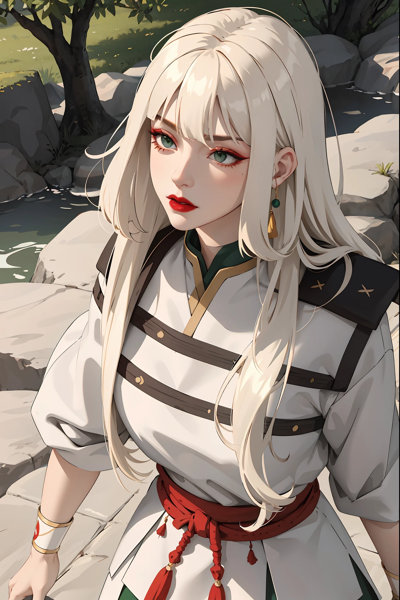 (masterpiece:1.2, best quality), (real picture, intricate details), 1lady, solo, upper body, casual, long hair, heavy makeup, white face, red lipstick, red eyeshadow, natural fabrics, close-up face, serious, warrior, female warrior, armour, really long light platinum blonde hair, platinum blonde voluminous hair, cute bangs, hair bangs, bangs between eyes, soft bangs on forehead, green eyes, mature face, 1female, 1woman, 1beautiful girl, Kyoshi uniform, Kyoshi makeup, Kyoshi Warrior (Avatar the Last Airbender)