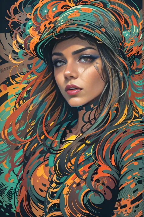 inkpunk, vector style art, young woman professional art, complex art, ((high detail)) multicolored. ((absurdly high quality)