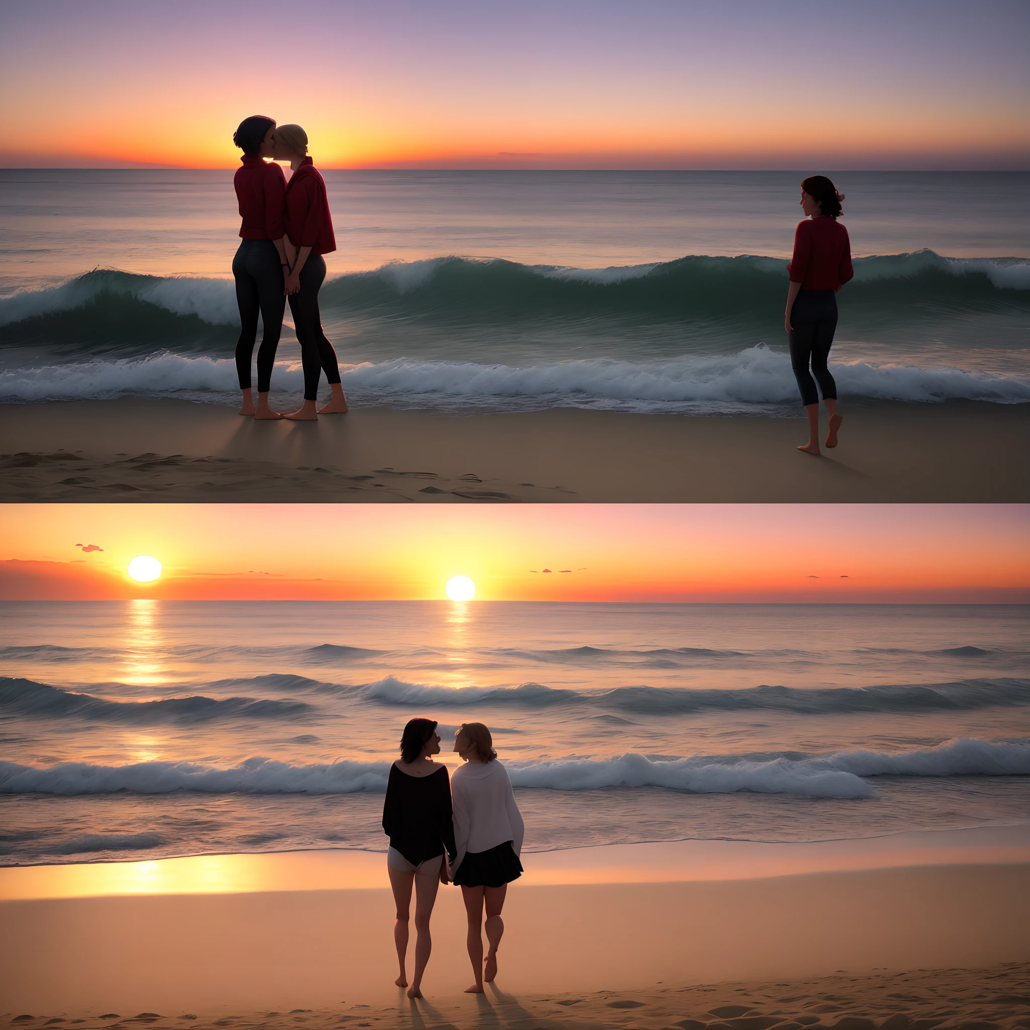 Dos mujeres de pie en una playa al atardecer con la puesta de sol - SeaArt  AI