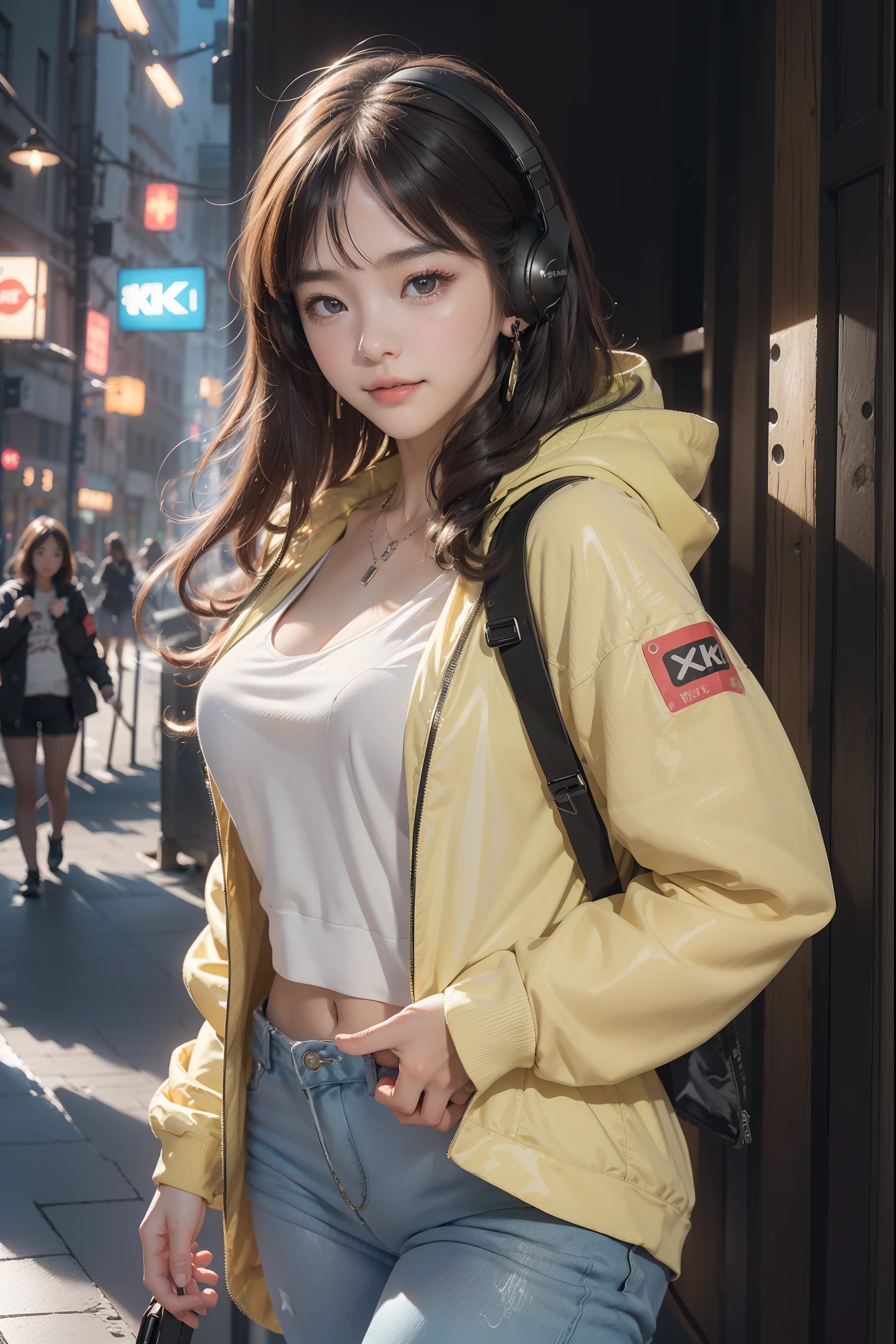 (((top-quality, 8K,超A high resolution、ultra-detailliert))),1girl in,female high-school student,a beauty girl,Street attire,((Hooded Neon Over Jacket,shortpants,backpack))、((Wearing large headphones around your neck))、(Shorthair with light brown hair,Colorful Extended Hair),perfectbody,skinny, Tied waist,Beautiful face, acurate, Anatomically correct, Highly detailed face and skin texture, Big eyes drawn in detail, Double eyelids, Thin eyebrows, Glitter Eyeliner: 1 Natural cheeks, Glossy skin, Fair skin: 1.2, (Glossy lips: 1.4),Highly detailed facial and skin texture, Detailed eyes, Double eyelids, Natural cheeks, , shiny lips: 1.4,Simple necklace and earrings,Smile and watch the viewer,Walking in the city,【Not blurry,profetional lighting,Professional effectasutepiece: 1.3), (max resolution: 1.2), (Ultra HDTV: 1.2),octanerender, Fujifilm X100, Intense cinematic shots, Shallow depth of field, Volumetric lighting, kintsugi,(8K、Raw photography、​masterpiece:1.4)、(realisitic、Photorealsitic:1.37)、Shot with CineStill 800T、(Extreme top quality:1.3)、((depth of fields:))、absurderes、(超A high resolution、extremery detailed CG、hight resolution、realisitic、ultra-detailliert、a picture、A hyper-realistic、ultra-detailliert、Cinematic atmosphere、8K UHD、insanely detaileda、trending on artstationh、awardwinning photo、extremely detailed photo、hight resolution:1.5)】No tags or text