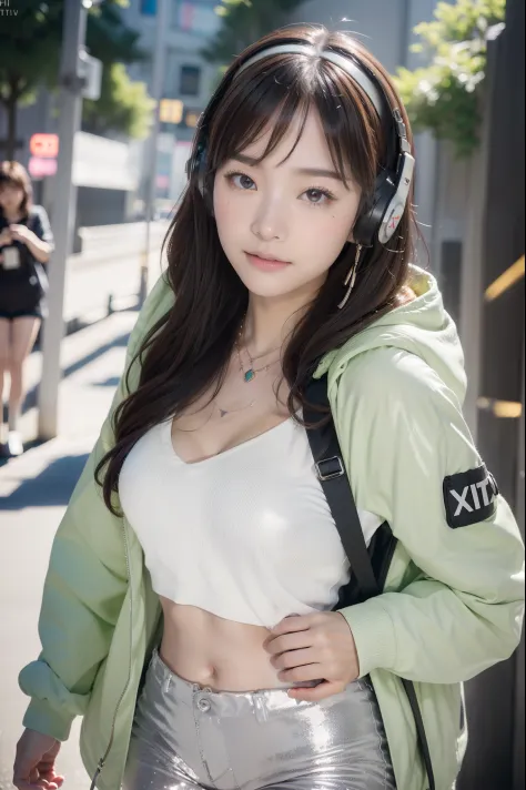 (((top-quality, 8K,超A high resolution、ultra-detailliert))),1girl in,female high-school student,a beauty girl,Street attire,((Hooded Neon Over Jacket,shortpants,backpack))、((Wearing large headphones around your neck))、(Shorthair with light brown hair,Colorf...