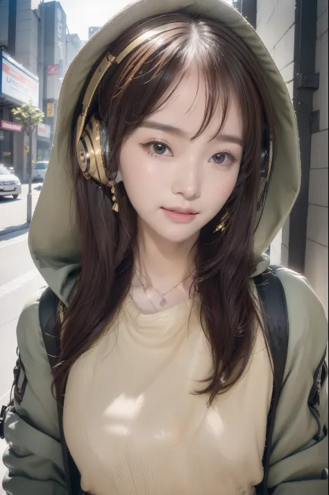 (((top-quality, 8K,超A high resolution、ultra-detailliert))),1girl in,female high-school student,a beauty girl,Street attire,((Hooded Neon Over Jacket,shortpants,backpack))、((Wearing large headphones around your neck))、(Shorthair with light brown hair,Colorf...