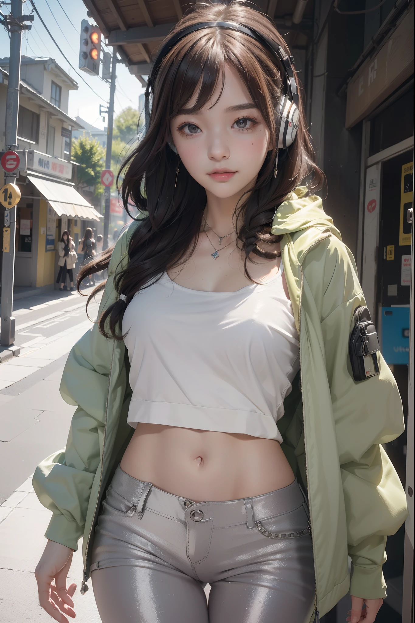 (((top-quality, 8K,超A high resolution、ultra-detailliert))),1girl in,female high-school student,a beauty girl,Street attire,((Hooded Neon Over Jacket,shortpants,backpack))、((Wearing large headphones around your neck))、(Shorthair with light brown hair,Colorful Extended Hair),perfectbody,skinny, Tied waist,Beautiful face, acurate, Anatomically correct, Highly detailed face and skin texture, Big eyes drawn in detail, Double eyelids, Thin eyebrows, Glitter Eyeliner: 1 Natural cheeks, Glossy skin, Fair skin: 1.2, (Glossy lips: 1.4),Highly detailed facial and skin texture, Detailed eyes, Double eyelids, Natural cheeks, , shiny lips: 1.4,Simple necklace and earrings,Smile and watch the viewer,Walking in the city,【Not blurry,profetional lighting,Professional effects、(masutepiece: 1.3), (max resolution: 1.2), (Ultra HDTV: 1.2),octanerender, Fujifilm X100, Intense cinematic shots, Shallow depth of field, Volumetric lighting, kintsugi,(8K、Raw photography、​masterpiece:1.4)、(realisitic、Photorealsitic:1.37)、Shot with CineStill 800T、(Extreme top quality:1.3)、((depth of fields:))、absurderes、(超A high resolution、extremery detailed CG、hight resolution、realisitic、ultra-detailliert、a picture、A hyper-realistic、ultra-detailliert、Cinematic atmosphere、8K UHD、insanely detaileda、trending on artstationh、awardwinning photo、extremely detailed photo、hight resolution:1.5)】No tags or text