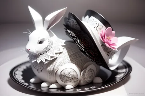 Paper cut image of a white rabbit inside a black hat. Kirigigami, paper art, Highly detailed, colourful. Flowers around.