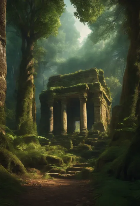 forest mixed with ruins of an ancient civilization with little illimunition