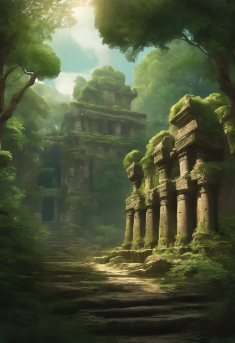 forest mixed with ruins of an ancient civilization with little manga-style ilmunition