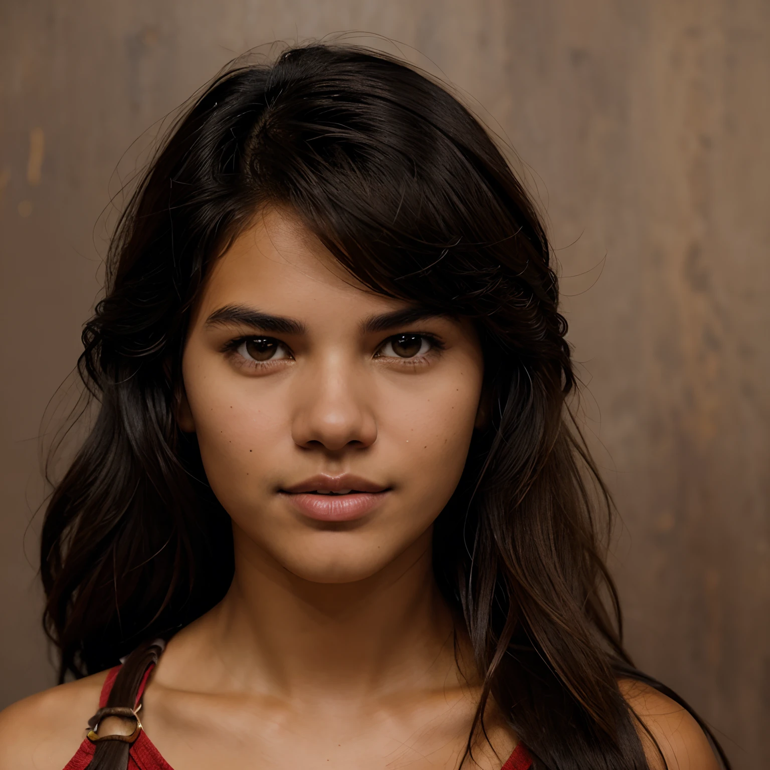 A close up of a woman with long hair wearing a red top - SeaArt AI