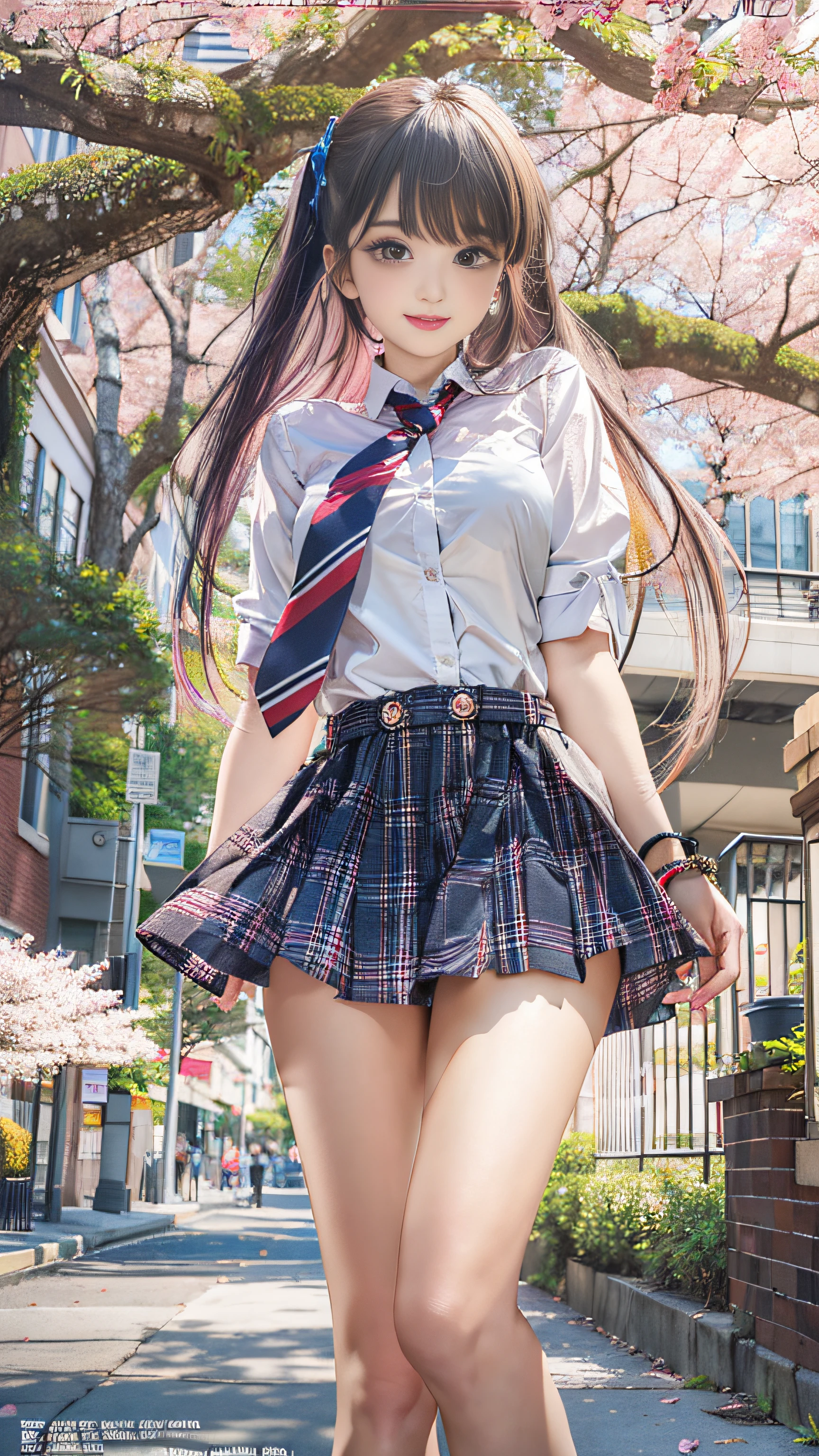 masterpiece, best quality, full body, 1girl, bangs, black choker, black necktie, black hair, blue skirt, blush, bracelet, breasts, choker, clothes around waist, collarbone, collared shirt, cowboy shot, dress shirt, ear piercing, eyebrows visible through hair, gradient hair, grin, gyaru, jewelry, kogal, long hair, looking at viewer, loose necktie, necktie, piercing, plaid, plaid skirt, pleated skirt, red eyes, ring, school uniform, shirt, skirt, smile, solo, white shirt, street, sky, cherry blossoms, petals,illustration, (magazine:1.3), (cover-style:1.3), fashionable, woman, vibrant, outfit, posing, front, colorful, dynamic, background, elements, confident, expression, holding, statement, accessory, majestic, coiled, around, touch, scene, text, cover, bold, attention-grabbing, title, stylish, font, catchy, headline, larger, striking, modern, trendy, focus, fashion,