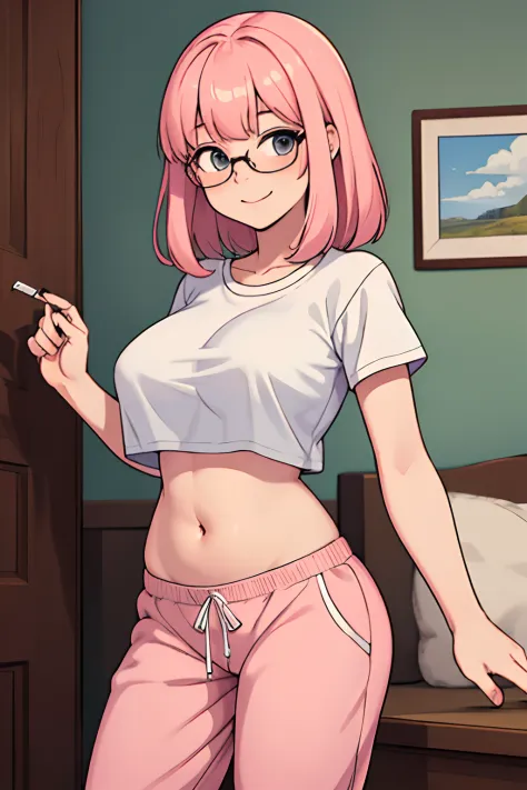 (masterpiece, best quality:1.2), cowboy shot, solo, 1girl, glasses, long fluffy pink hair, chubby, white t-shirt, pink fluffy sweatpants, cowboy shot, slight smile, crop top, pajamas, stomach, navel exposed, large breasts