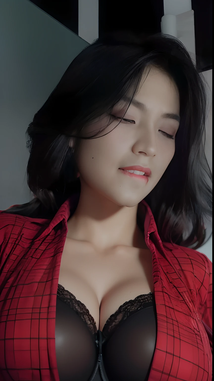 A close up of a woman wearing a red shirt and black bra - SeaArt AI