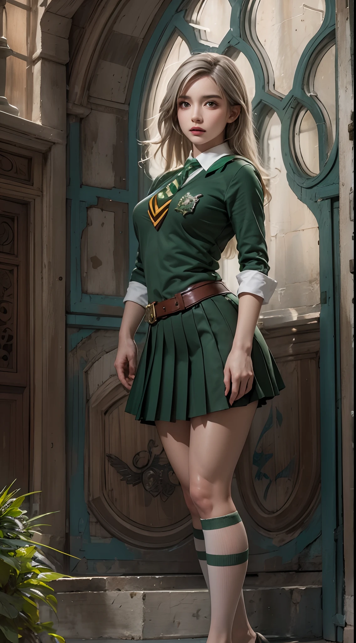 fotorrealista, Alta resolução, 1mulher, Sozinho, quadris para cima, ver o visualizador, (rosto detalhado), Uniforme de Hogwarts, porcos, Sonserina