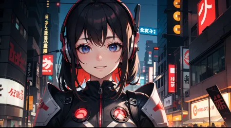 Cyberpunk, Red LED female samurai illustration profile, Wear overhead headphones, a smile、front-facing view, Background of the Japan in Tokyo, Provector, high detailing, Vibrant, Japan hologram symbol, Barcode Design, 4K, nffsw, masutepiece