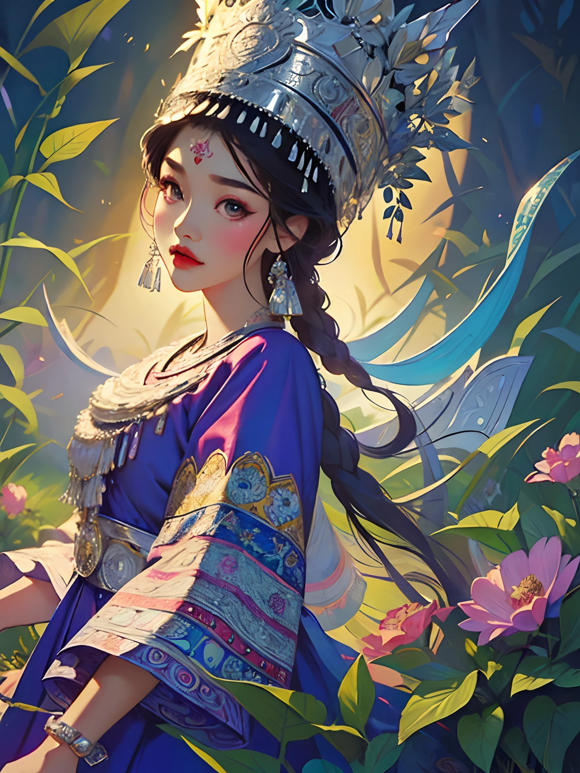 (illustration:1.3)Hmong girl in Hmong costume (by Artist Anna Dittman:1), (((Masterpiece))), (((Best quality))), ((Ultra-detailed)),(Detailed light),((An extremely delicate and beautiful)), Hmong,garments、head gear、耳Nipple Ring，Harvest background，Cutout，Danfeng eyes