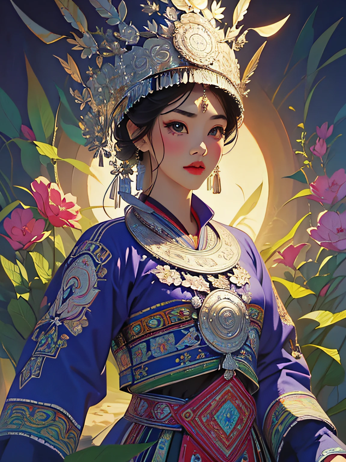 (illustration:1.3)Hmong girl in Hmong costume (by Artist Anna Dittman:1), (((Masterpiece))), (((Best quality))), ((Ultra-detailed)),(Detailed light),((An extremely delicate and beautiful)), Hmong,garments、head gear、耳Nipple Ring，Harvest background，Cutout，Danfeng eyes