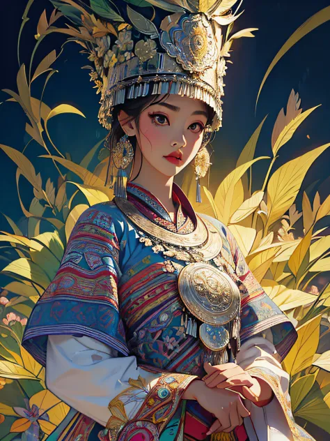 (illustration:1.3)Hmong girl in Hmong costume (by Artist Anna Dittman:1), (((Masterpiece))), (((Best quality))), ((Ultra-detailed)),(Detailed light),((An extremely delicate and beautiful)), Hmong,garments、head gear、耳Nipple Ring，Harvest background，Cutout，Do...