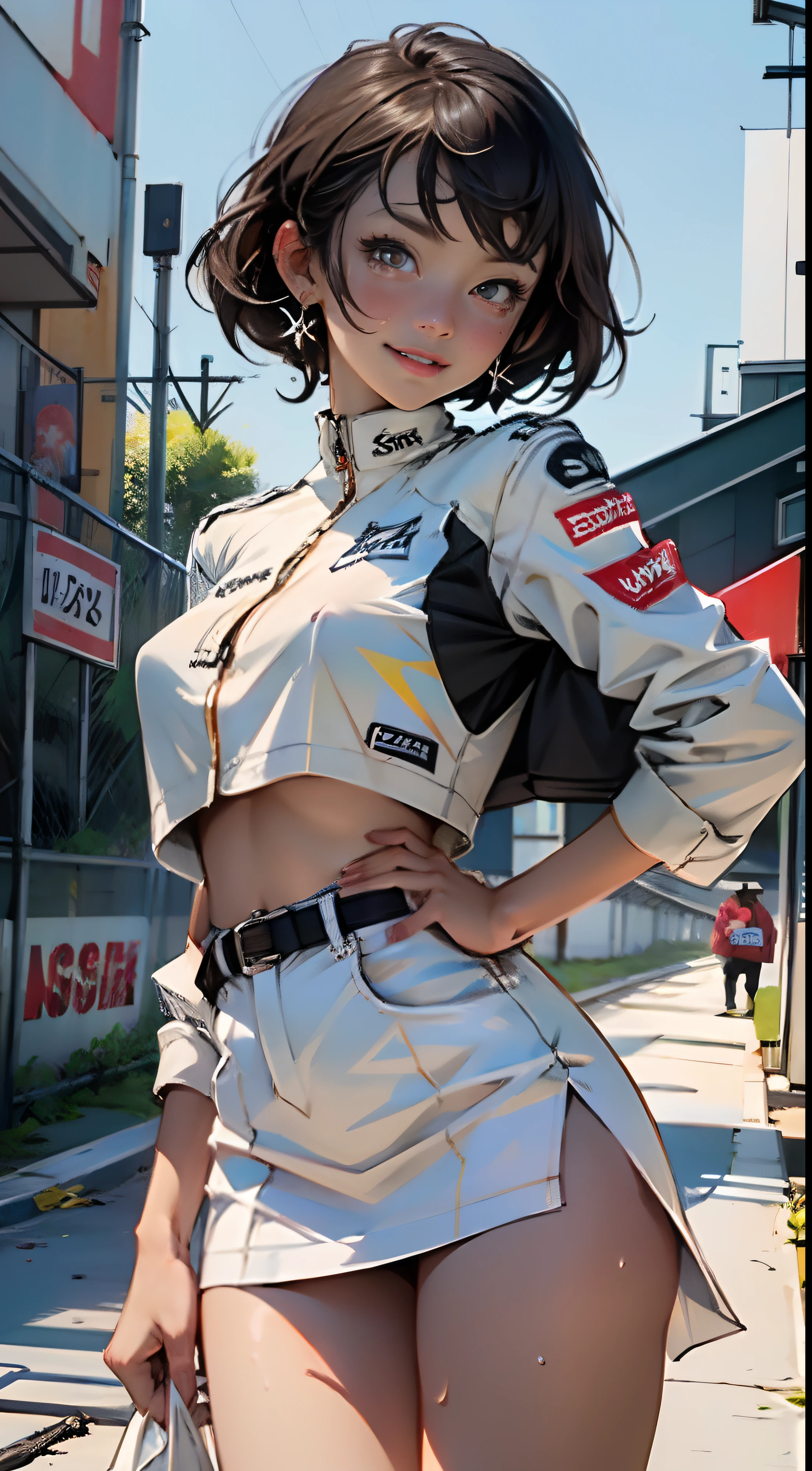 Anime girl in uniform posing on the street with her hands on her hips -  SeaArt AI