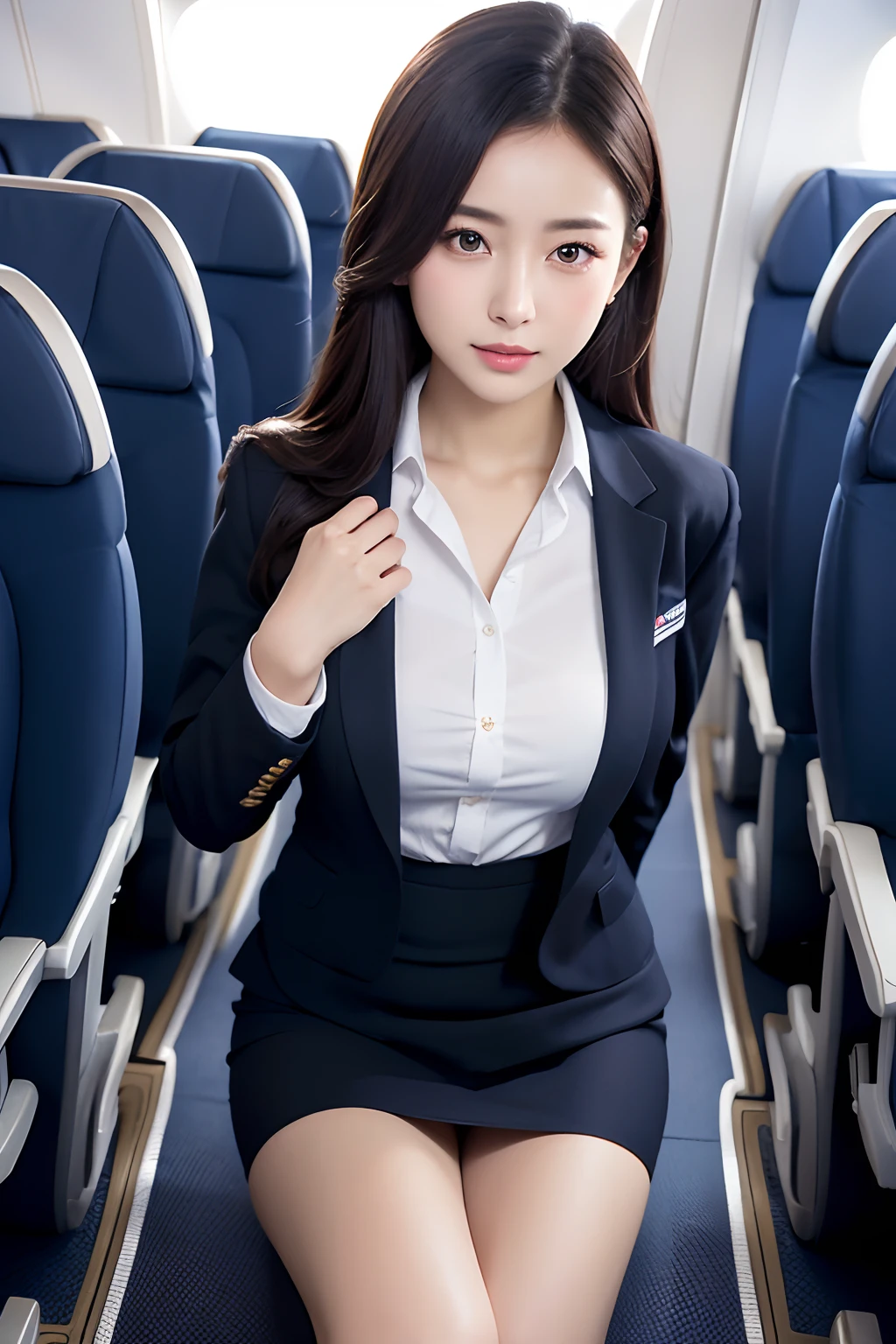 Top Quality, Masterpiece, 8K, Ultra High Definition, (Photorealistic: 1.4), 1 Girl, Beautiful Face, Symmetrical Eyes, Big, Perfect Body Proportions, Stewardess Uniform, Viewer's Look, (Inside the Airplane: 1.2), Front View, Shoulder Jump, Absolute Area (1.3),