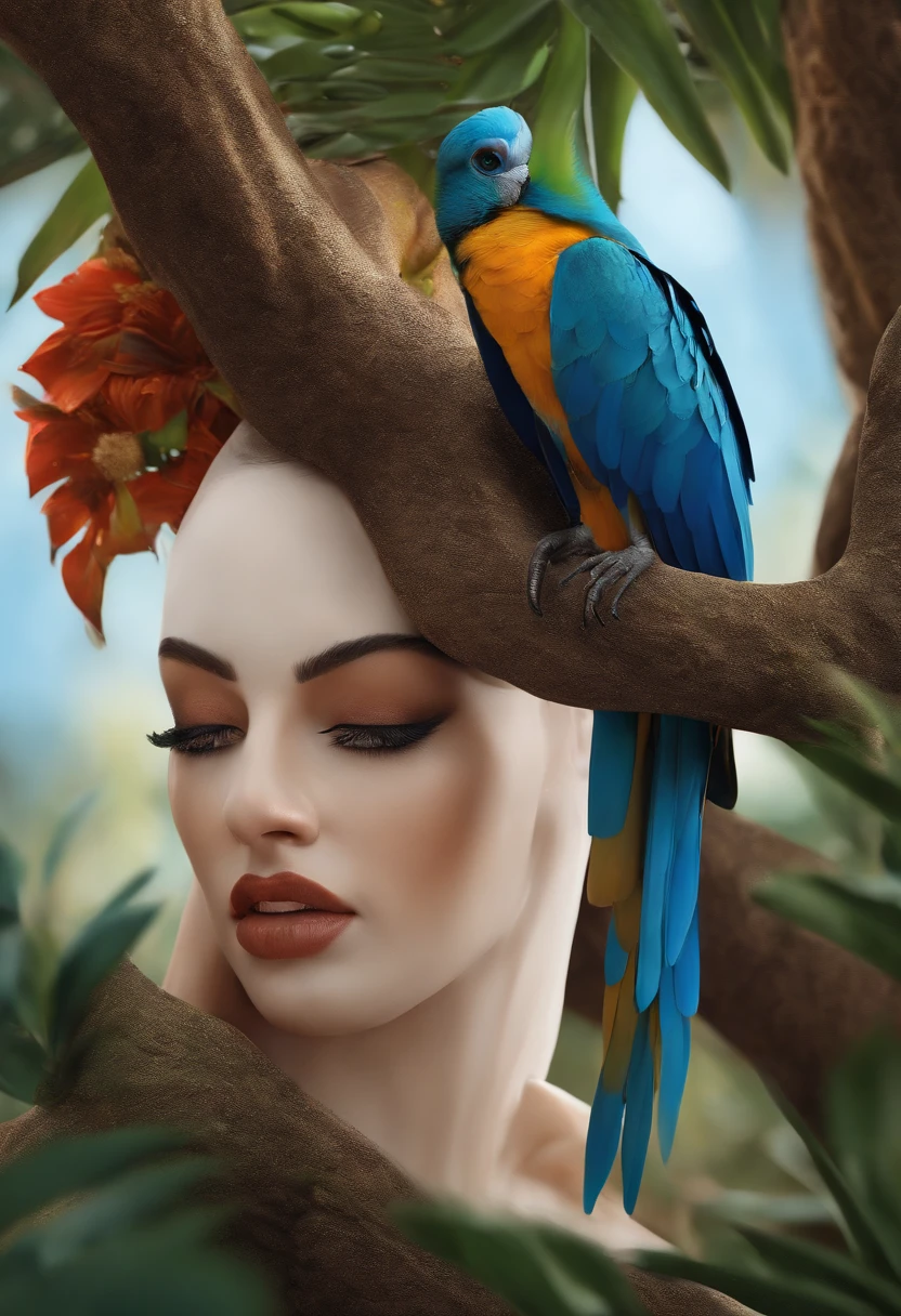 Araffe with a blue and yellow bird on top of a head - SeaArt AI