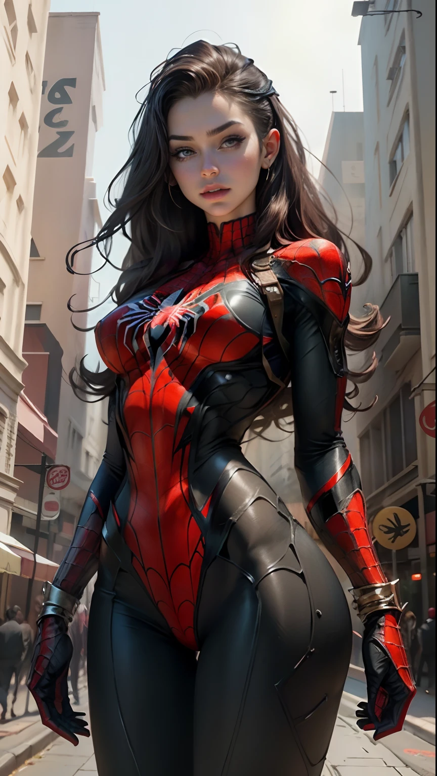 A woman in a spider - man suit is standing on a city street - SeaArt AI