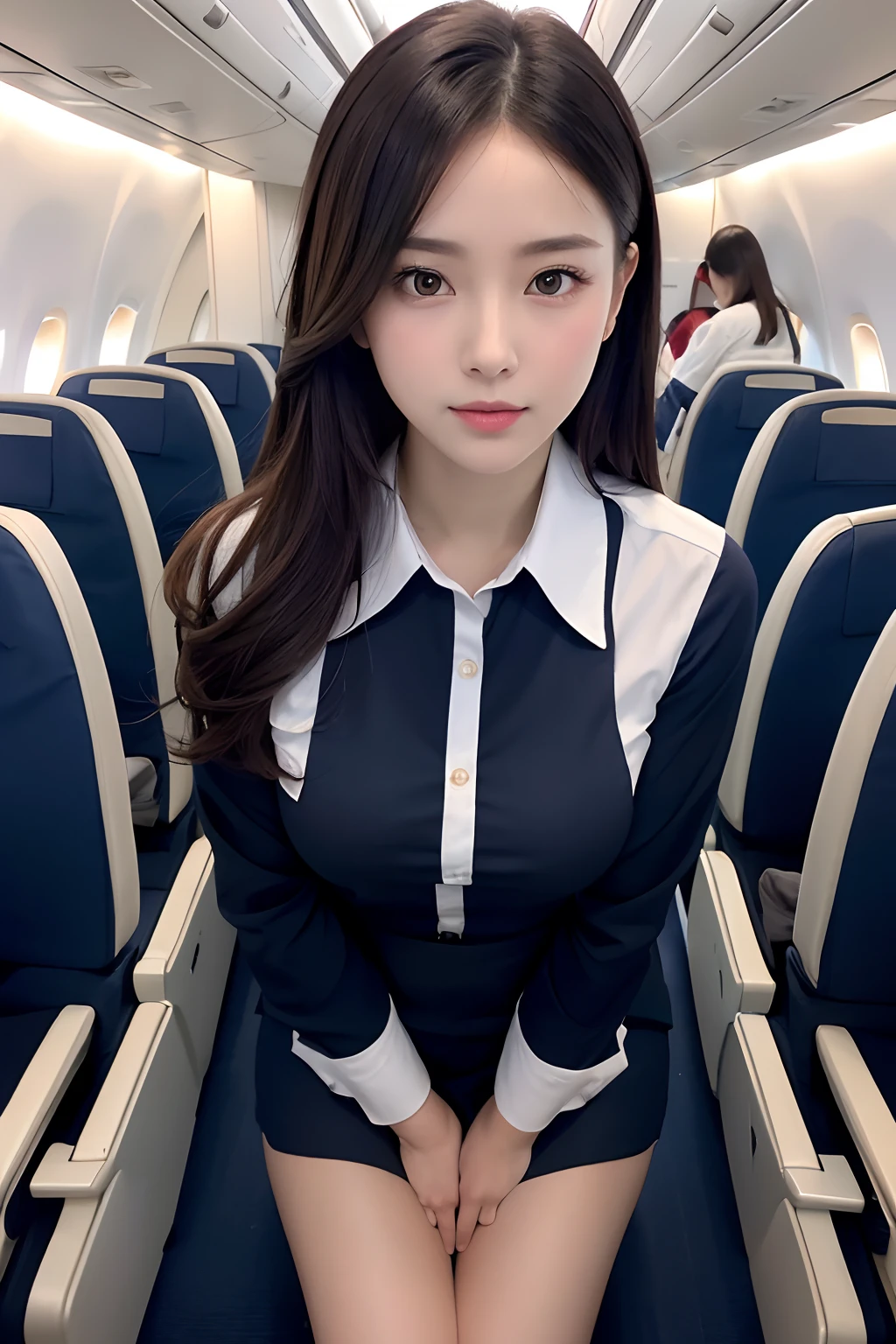 Top Quality, Masterpiece, 8K, Ultra High Definition, (Photorealistic: 1.4), 1 Girl, Beautiful Face, Symmetrical Eyes, Big, Perfect Body Proportions, Stewardess Uniform, Viewer's Look, (Inside the Airplane: 1.2), Front View, Shoulder Jump, Absolute Area (1.3),