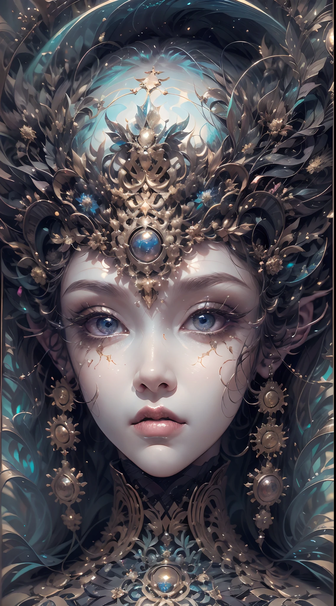 （best qualtiy，ultra - detailed，Most Best Illustration，Best shadow，tmasterpiece，A high resolution，professionalartwork，famousartwork），Detailed eyes，beautidful eyes，closeup cleavage，sci-fy，colored sclera，Robot eyes，face markings，Tattooed with，（fractalized，Fractal eyes），largeeyes，Wide eyes，（Eye focus），sface focus，Cosmic eyes，Space eyes，Close-up of metal sculpture of a woman with a moon in her hair，goddes。extremly high detail，3 d goddess portrait，Extremely detailed footage of the goddess，a stunning portrait of a goddess，Side image of the goddess，portrait of a beautiful goddess，Full body close-up portrait of the goddess，hecate goddess，portrait of a norse moon goddess，goddess of space and time