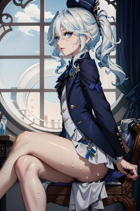 1girl, solo, looking at viewer, ((crossed legs)), (sitting), arms behind back, ((from side)), (sidelock), furina, cute, long hair, ponytail, jewelry, blue suit, white shirt, tailcoat, noble \(symbol\), ((thigh)), (shiny skin), ass, wet body, blue theme, (m...