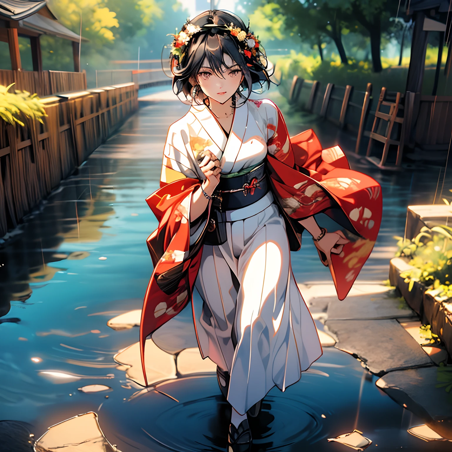 extremely detailed CG unity 8k wallpaper, realistic, hand by Guido Daniele, wearing kimono_clothes, wooden bridge, sakuramon, wreath,lace-trimmed kimono, stone brick road, wet road, clogs, two toe socks