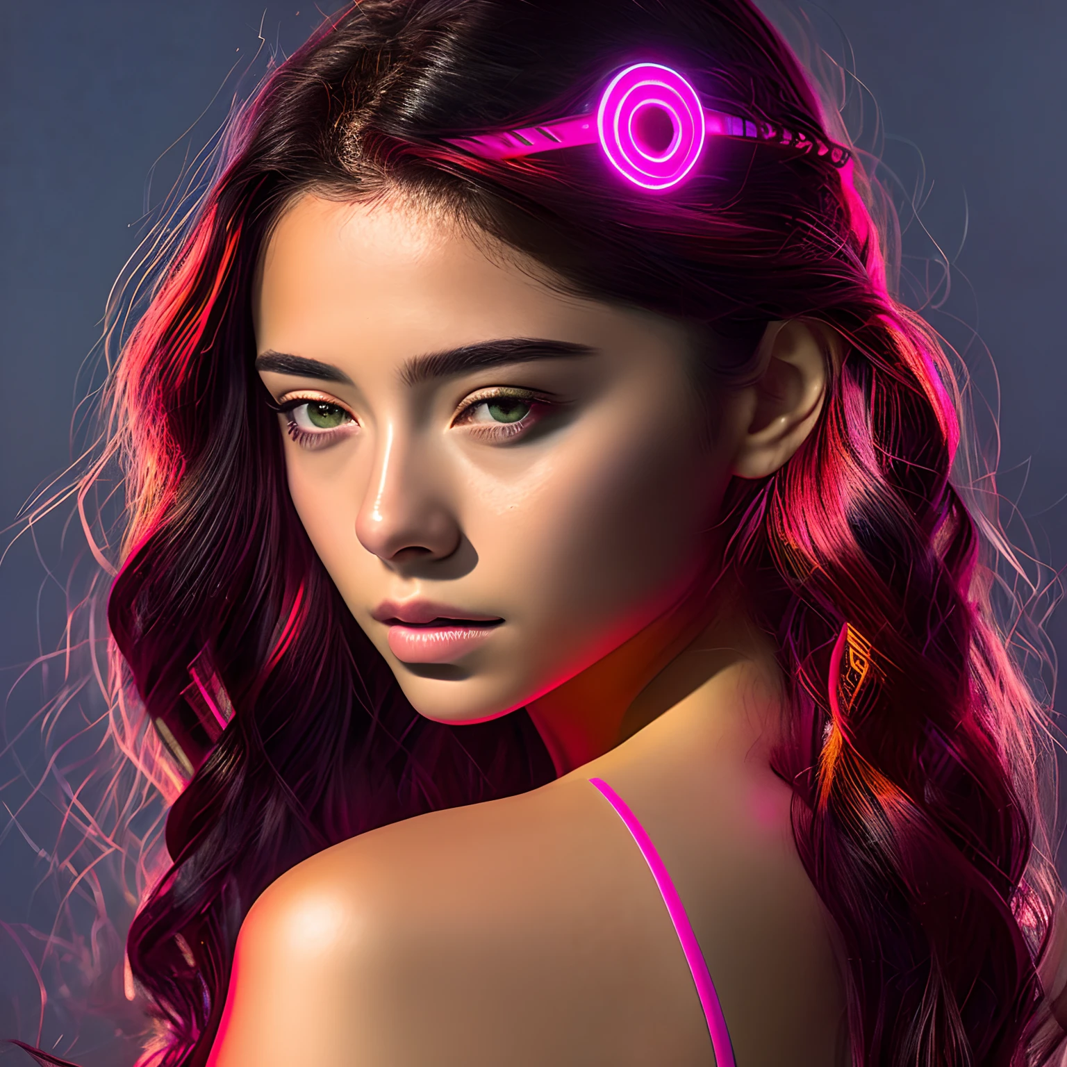 Retrato de uma menina com cabelo rosa e olhos cor de mel, cinemactic, fundo de ambiente escolar, soft  Cinematic Light, hdr, intrincado, altamente detalhado, cores silenciadas, on front camera 50mm, por ilya kuvshinov sci-fi, desbotado, escurecido