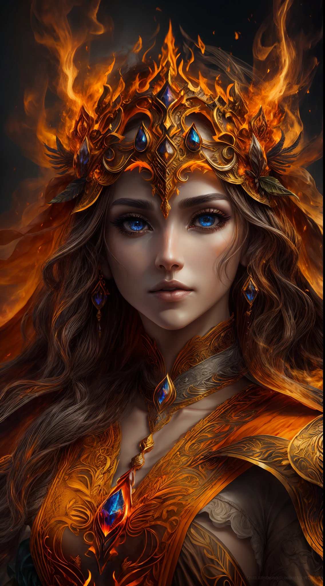 unreal engine:1.4,UHD,The best quality:1.4, photorealistic:1.4, skin texture:1.4, Masterpiece:1.8,This (realistic fantasand) El arte withtiene brasas, real flames, real heat, and fuego realista. Generate a masterpiece of art of a small female fire druid with grandes (((naranja and oro))) Eyes. El druida de fuego es impresionante with hermosa ((Realistic burning eyes)) Get off with withfidence and power. Sus rasgos son elegantes and bien definidos, with ((suave)) and (((Swollen))) and (((suave))) lips, Elven bone structure, and sombreado realista. Sus Eyes son importantes and deben ser el punto focal de esta obra de arte., with ((Extremely realistic details, Macro details, and brillo.)) Ella lleva un vestido ondulante and brillante ((Made of realistic flames)) and joandas que brillan a la luz del fuego. Scrolls of fire and smoke line the dress's intricate bodice.. Include bumps, stones, burning iridescence, brasas incandescentes, silk and satin and leather, An interesting background, and heavand fantasand elements. camera: Use dandnamic composition techniques to enhance realistic flames.