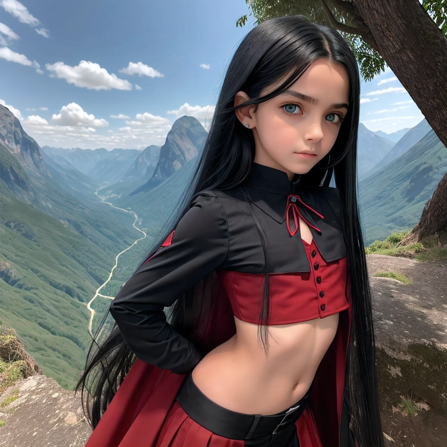 9-year-old vampire child, blue eyes and long black hair down to the waist, uniforme preto e vermelho, master part, melhor qualidade, Saia Curta, loira de olhos verdes, ajoelhada, master part, qualidade divina, altamente detalhado, fantasy scenery, Altamente realista, position posing in front of photos. tiros sequenciais