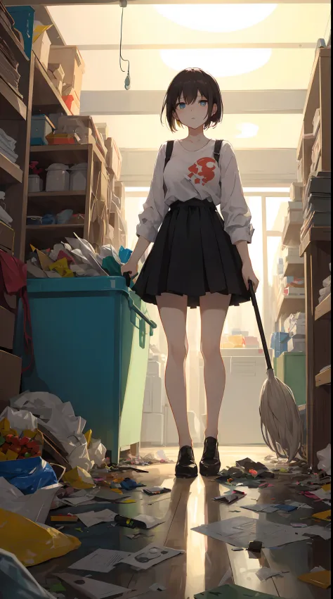 This illustration is、Pretty girl standing in a room filled with garbage、It depicts a moment when you are furious about the situation。She、Holding cleaning tools in hand、Its eyes are burning with anger。Among them、Old magazines、leftover food、Filled with unuse...