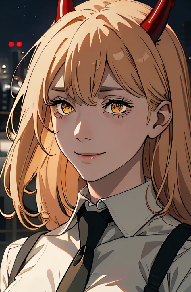 (best quality), (masterpiece), (solo), 1girl, power_csm, blonde hair, yellow eyes, cross-shaped pupils, symbol-shaped pupils, red horns, white buttoned shirt, black necktie, smile ,Inside the city、starrysky、Mystical light、Dramatic light、Cinematic