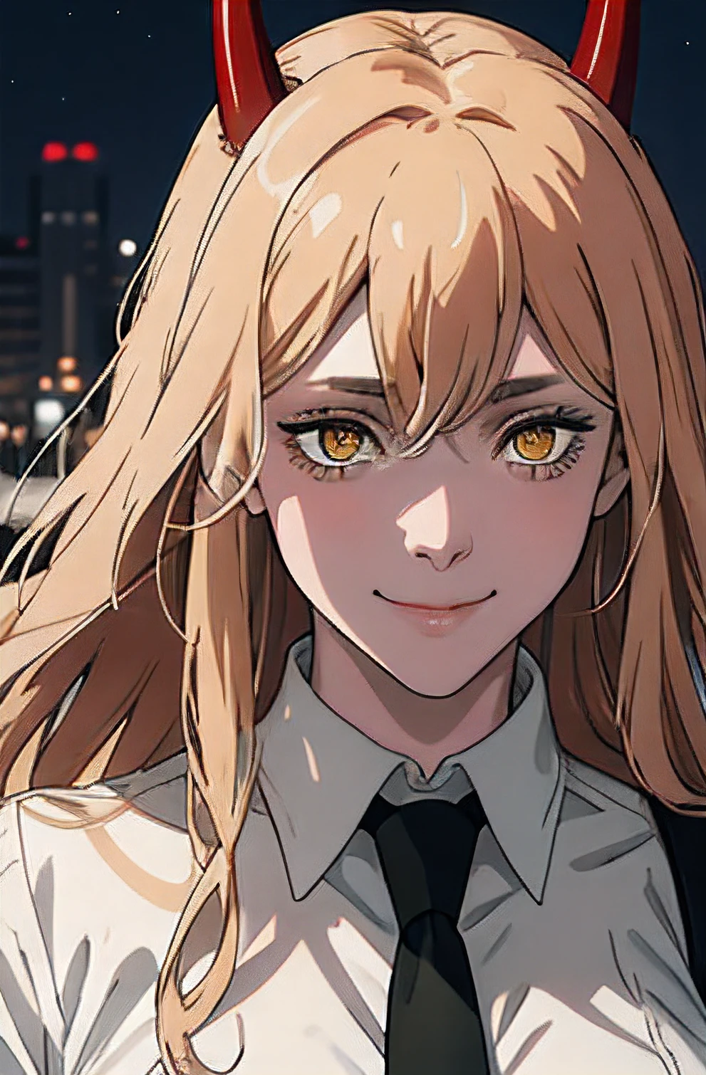 (best quality), (masterpiece), (solo), 1girl, power_csm, blonde hair, yellow eyes, cross-shaped pupils, symbol-shaped pupils, red horns, white buttoned shirt, black necktie, smile ,Inside the city、starrysky、Mystical light、Dramatic light、Cinematic