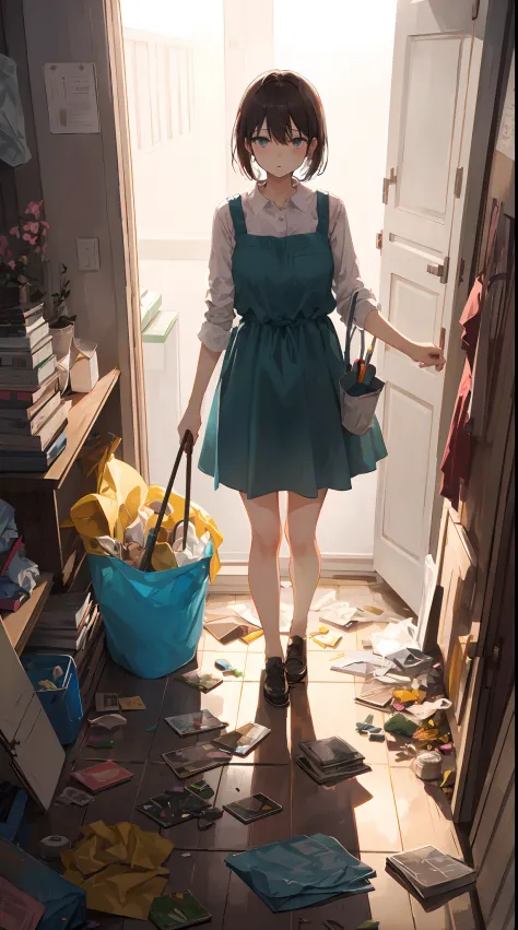 This illustration is、Pretty girl standing in a room filled with garbage、It depicts a moment when you are furious about the situa...