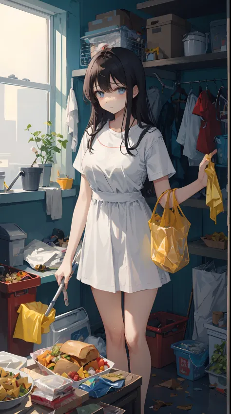 This illustration is、Pretty girl standing in a room filled with garbage、It depicts a moment when you are furious about the situation。She、Holding cleaning tools in hand、Its eyes are burning with anger。Among them、Old magazines、leftover food、Filled with unuse...