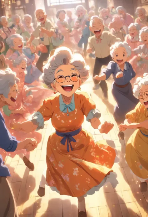 Grandma square dancing，Laugh happily，Scenes of happiness in old age